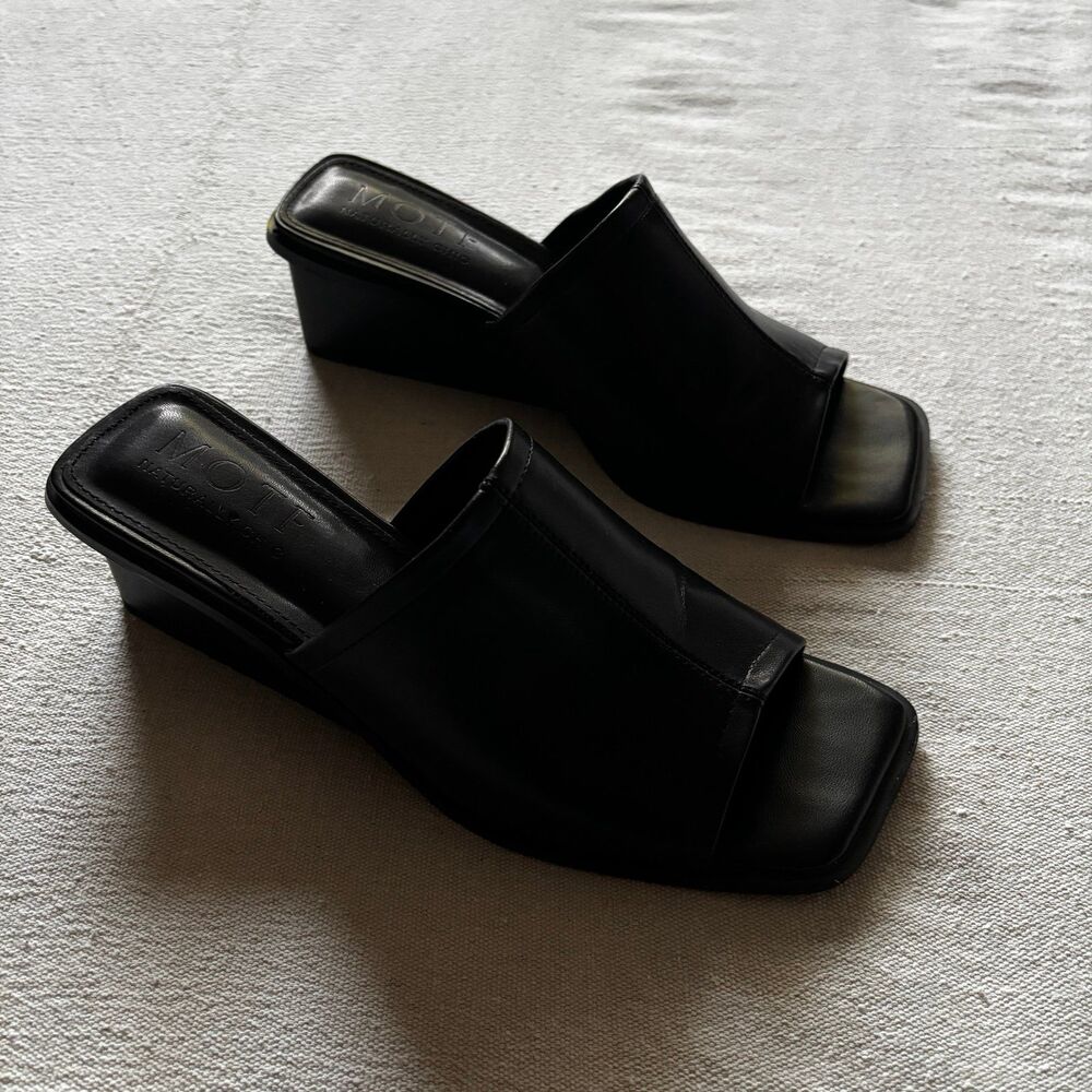 MOTF Black Leather Square Toe Low Wedge Mules Slip On Sandals